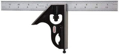 Starrett - 2 Piece, 12" Combination Square Set - 1/100, 1/32, 1/50 & 1/64" (16R) Graduation, Steel Blade, Forged Steel Square Head - Benchmark Tooling
