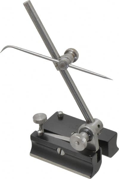 Starrett - 2 Spindle, 4 and 7 Inch Spindle Length, Surface Gage - 2 Inch Long x 1-1/2 Inch Wide Base, Hardened Steel - Benchmark Tooling