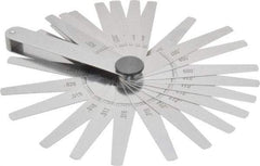 Starrett - 26 Piece, 0.0015 to 0.025" Thick, Tapered Feeler Gage Set - 3-1/32" Leaf Length, 1/4 to 1/2" (Tapered) Wide, Tempered Steel - Benchmark Tooling