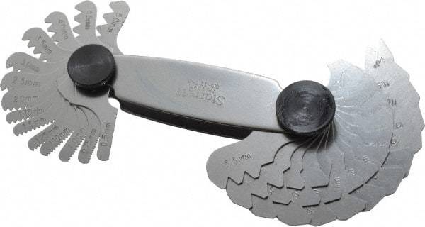 Starrett - 28 Leaf, 0.5 to 11.5mm Pitch Range, Steel Screw Pitch Gage - 60° Thread Angle - Benchmark Tooling