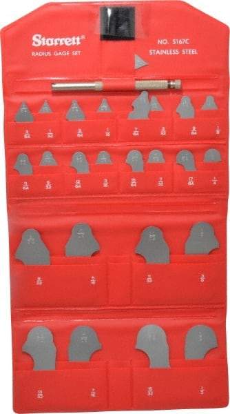 Starrett - 25 Piece, 1/64 to 1/2 Inch Radius, Stainless Steel Radius Gage Set - Satin Chrome Coated - Benchmark Tooling