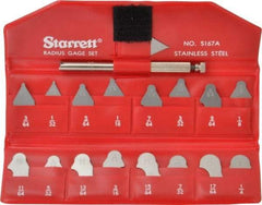 Starrett - 17 Piece, 1/64 to 17/64 Inch Radius, Stainless Steel Radius Gage Set - Satin Chrome Coated - Benchmark Tooling