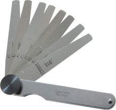 Starrett - 9 Piece, 0.0015 to 0.015" Thick, Tapered Feeler Gage Set - 3-1/32" Leaf Length, 1/4 to 1/2" (Tapered) Wide, Tempered Steel - Benchmark Tooling
