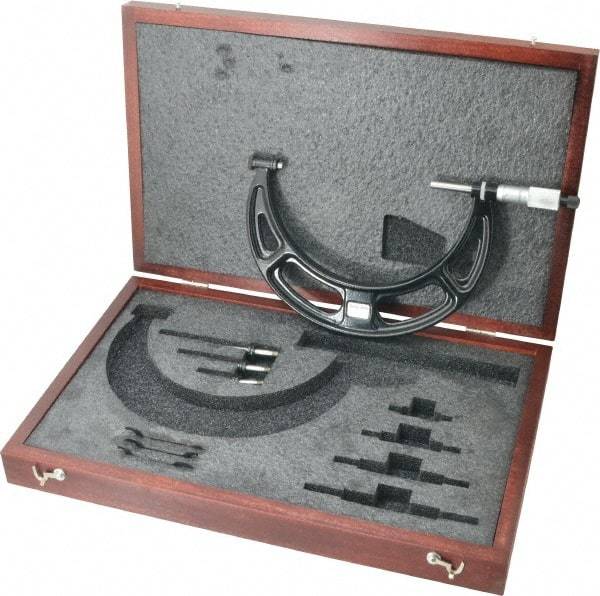 Starrett - 2 to 6" Range, 4 Piece Mechanical Outside Micrometer Set - 0.001" Graduation, Ratchet Stop Thimble, Steel Face - Benchmark Tooling