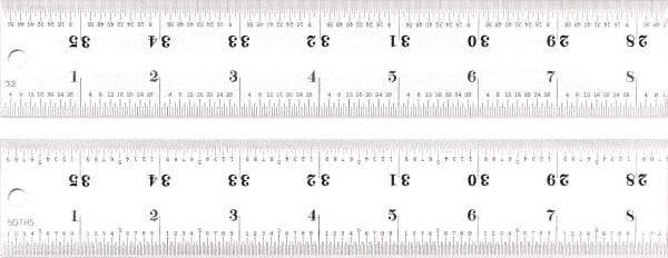 Starrett - 36" Long, 1/100, 1/64, 1/50, 1/32" Graduation, Rigid Spring Steel Rule - 16R Graduation Style, 1-1/2" Wide, Silver, Satin Chrome Finish - Benchmark Tooling