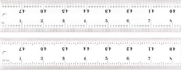 Starrett - 48" Long, 1/100, 1/64, 1/50, 1/32" Graduation, Rigid Spring Steel Rule - 16R Graduation Style, 1-1/2" Wide, Silver, Satin Chrome Finish - Benchmark Tooling