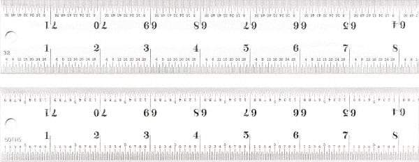 Starrett - 72" Long, 1/100, 1/64, 1/50, 1/32" Graduation, Rigid Spring Steel Rule - 16R Graduation Style, 1-1/2" Wide, Silver, Satin Chrome Finish - Benchmark Tooling