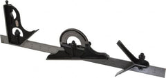 Starrett - 4 Piece, 18" Combination Square Set - 1/100, 1/32, 1/50 & 1/64" (16R) Graduation, Steel Blade, Forged Steel Center, Protractor & Square Head - Benchmark Tooling