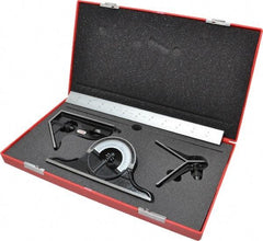 Starrett - 4 Piece, 12" Combination Square Set - 1/100, 1/32, 1/50 & 1/64" (16R) Graduation, Steel Blade, Forged Steel Center, Protractor & Square Head - Benchmark Tooling