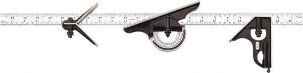 Starrett - 4 Piece, 24" Combination Square Set - 1/100, 1/32, 1/50 & 1/64" (16R) Graduation, Hardened Steel Blade, Cast Iron & Forged Steel Center, Protractor & Square Head - Benchmark Tooling