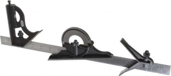 Starrett - 4 Piece, 18" Combination Square Set - 1/16, 1/32, 1/64 & 1/8" (4R) Graduation, Steel Blade, Cast Iron Center, Protractor & Square Head - Benchmark Tooling