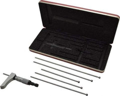 Starrett - 0 to 6" Range, 6 Rod, Satin Chrome Finish Mechanical Depth Micrometer - Ratchet Stop Thimble, 2" Base Length, 0.01mm Graduation, 5/32" Rod Diam - Benchmark Tooling