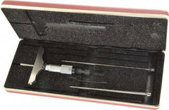 Starrett - 0 to 3" Range, 3 Rod, Satin Chrome Finish Mechanical Depth Micrometer - Ratchet Stop Thimble, 3" Base Length, 0.01mm Graduation, 5/32" Rod Diam - Benchmark Tooling