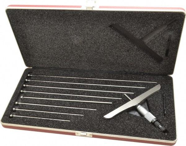 Starrett - 0 to 9" Range, 9 Rod, Satin Chrome Finish Mechanical Depth Micrometer - Ratchet Stop Thimble, 6" Base Length, 0.01mm Graduation, 5/32" Rod Diam - Benchmark Tooling