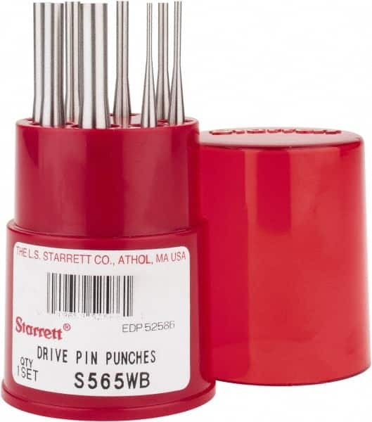 Starrett - 8 Piece, 1/16 to 5/16", Pin Punch Set - Round Shank, Comes in Round Container - Benchmark Tooling