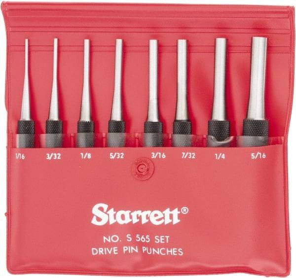 Starrett - 8 Piece, 1/16 to 5/16", Pin Punch Set - Round Shank, Comes in Vinyl Pouch - Benchmark Tooling