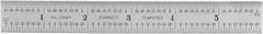 Starrett - 6" Long, 1/64, 1/32, 1/16, 1/8" Graduation, Rigid Spring Steel Rule - 4R Graduation Style, 3/4" Wide, Silver, Satin Chrome Finish - Benchmark Tooling