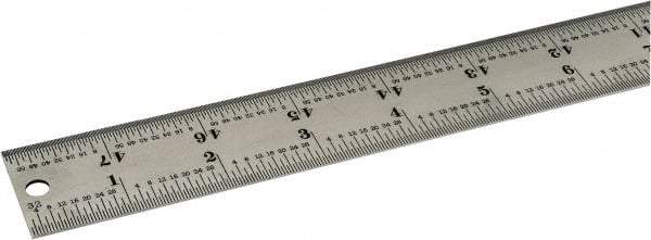 Starrett - 48" Long, 1/64, 1/32, 1/16, 1/8" Graduation, Rigid Spring Steel Rule - 4R Graduation Style, 1-1/4" Wide, Silver, Satin Chrome Finish - Benchmark Tooling