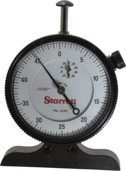 Starrett - 0 to 1/2 Inch Range, White Dial Depth Gage - 0.0005 Inch Graduation, 2-1/2 Inch Base Measuring Length - Benchmark Tooling