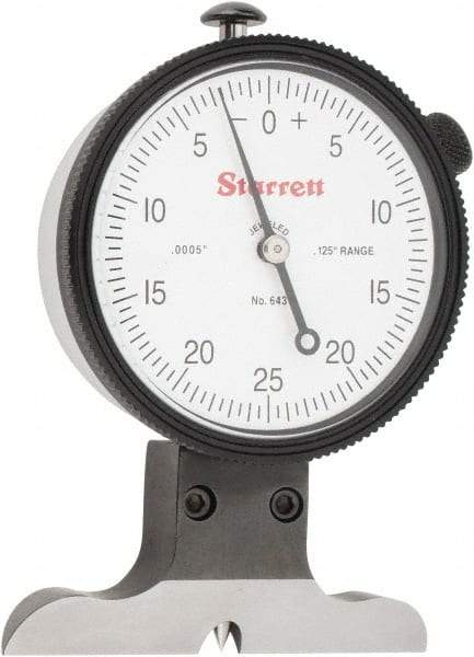 Starrett - 0 to 1/8 Inch Range, Ground Steel, White Dial Depth Gage - 0.0005 Inch Graduation, 0.001 Inch Accuracy, 2-1/2 Inch Base Measuring Length - Benchmark Tooling