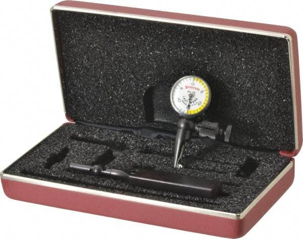 Starrett - 4 Piece, 0" to 0.03" Measuring Range, 15/16" Dial Diam, 0-15-0 Dial Reading, White & Yellow Dial Test Indicator Kit - 5/32" Contact Point Length, 3mm Ball Diam, 0.001" Dial Graduation - Benchmark Tooling