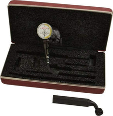 Starrett - 3 Piece, 0" to 0.03" Measuring Range, 15/16" Dial Diam, 0-15-0 Dial Reading, White & Yellow Dial Test Indicator Kit - 5/32" Contact Point Length, 3mm Ball Diam, 0.001" Dial Graduation - Benchmark Tooling