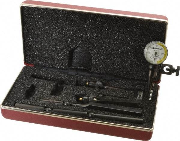 Starrett - 11 Piece, 0mm to 0.7mm Measuring Range, 15/16" Dial Diam, 0-35-0 Dial Reading, White & Yellow Dial Test Indicator Kit - 5/32" Contact Point Length, 0.9, 1.6 & 3mm Ball Diam, 0.01mm Dial Graduation - Benchmark Tooling