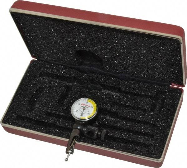 Starrett - 3 Piece, 0" to 0.03" Measuring Range, 15/16" Dial Diam, 0-15-0 Dial Reading, White & Yellow Dial Test Indicator Kit - 5/32" Contact Point Length, 3mm Ball Diam, 0.0005" Dial Graduation - Benchmark Tooling