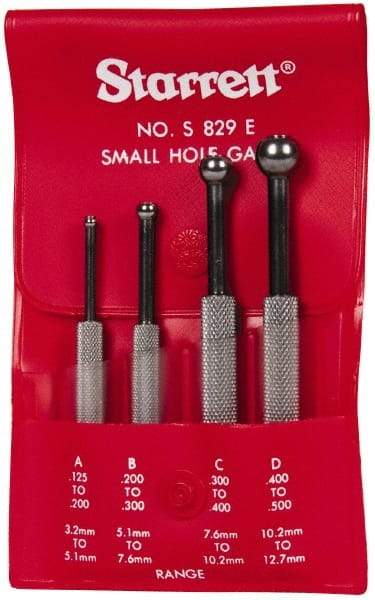 Starrett - 1/8 to 1/2 Inch Measurement, Small Hole Gage Set - 2-7/8, 3, 3-3/8 and 3-1/2 Inch Long, Full Ball, Includes Case - Benchmark Tooling