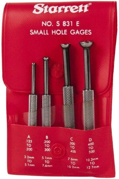 Starrett - 1/8 to 1/2 Inch Measurement, Small Hole Gage Set - 2-13/16, 3-1/8, 3-3/8 and 3-1/2 Inch Long, Half Ball, Includes Case - Benchmark Tooling