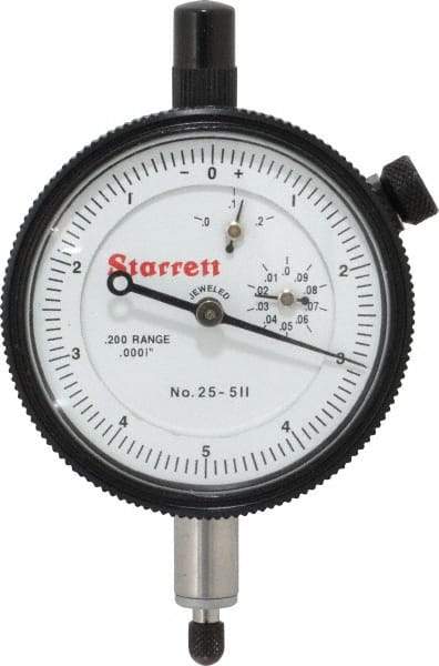 Starrett - 0.2" Range, 0-5-0 Dial Reading, 0.0001" Graduation Dial Drop Indicator - 2-1/4" Dial, 0.01" Range per Revolution, Revolution Counter - Benchmark Tooling