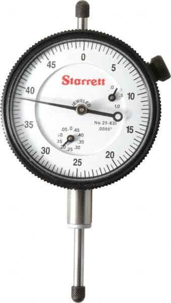 Starrett - 1" Range, 0-50 Dial Reading, 0.0005" Graduation Dial Drop Indicator - 2-1/4" Dial, 0.05" Range per Revolution, Revolution Counter - Benchmark Tooling