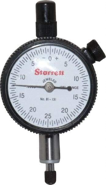 Starrett - 1/8" Range, 0-25-0 Dial Reading, 0.0005" Graduation Dial Drop Indicator - 1-11/16" Dial, 0.05" Range per Revolution, Revolution Counter - Benchmark Tooling