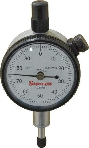 Starrett - 1/4" Range, 0-100 Dial Reading, 0.001" Graduation Dial Drop Indicator - 1-11/16" Dial, 0.1" Range per Revolution, Revolution Counter - Benchmark Tooling