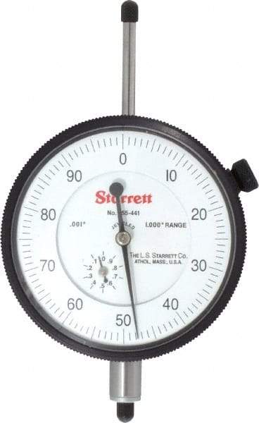 Starrett - 1" Range, 0-100 Dial Reading, 0.001" Graduation Dial Drop Indicator - 2-3/4" Dial, 0.1" Range per Revolution, Revolution Counter - Benchmark Tooling