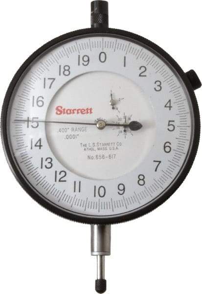 Starrett - 0.4" Range, 0-20 Dial Reading, 0.0001" Graduation Dial Drop Indicator - 3-5/8" Dial, 0.02" Range per Revolution - Benchmark Tooling