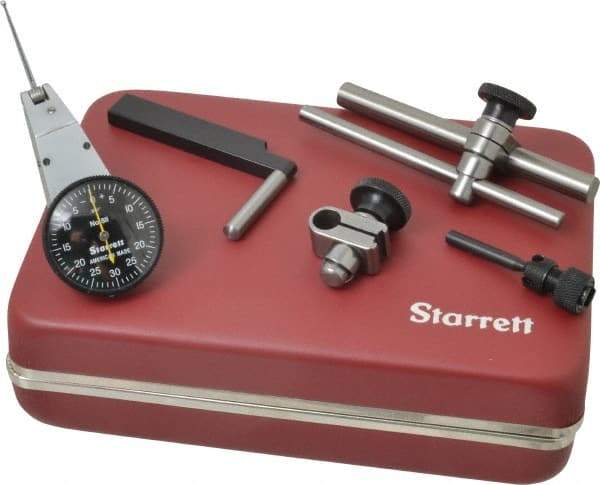 Starrett - 7 Piece, 0" to 0.06" Measuring Range, 1-3/8" Dial Diam, 0-30-0 Dial Reading, Black Dial Test Indicator Kit - 1-5/16" Contact Point Length, 2mm Ball Diam, 0.001" Dial Graduation - Benchmark Tooling