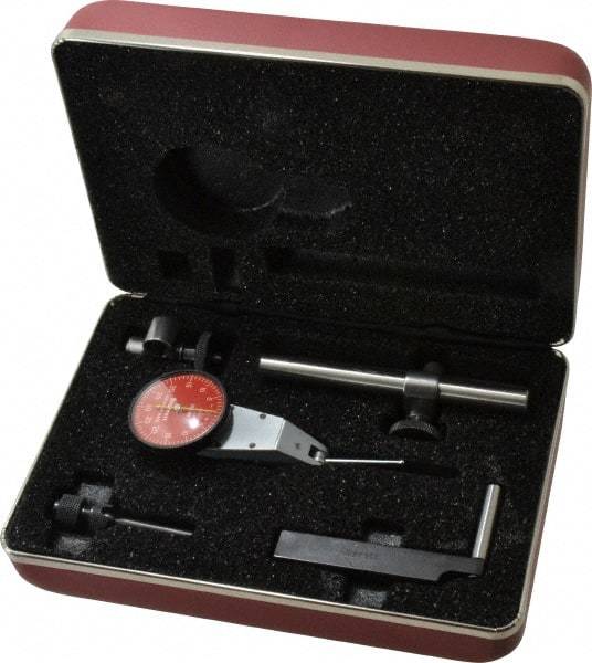 Starrett - 7 Piece, 0" to 0.06" Measuring Range, 1-3/8" Dial Diam, 0-30-0 Dial Reading, Red Dial Test Indicator Kit - 1-5/16" Contact Point Length, 2mm Ball Diam, 0.001" Dial Graduation - Benchmark Tooling