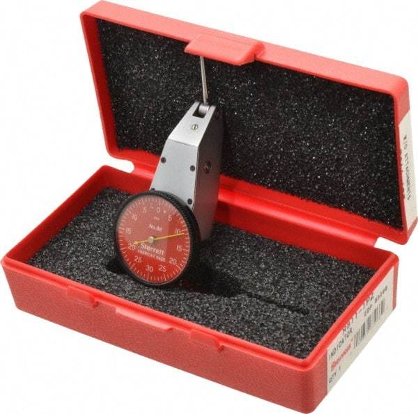Starrett - 0.06 Inch Range, 0.001 Inch Dial Graduation, Horizontal Dial Test Indicator - 1-3/8 Inch Red Dial, 0-30-0 Dial Reading - Benchmark Tooling