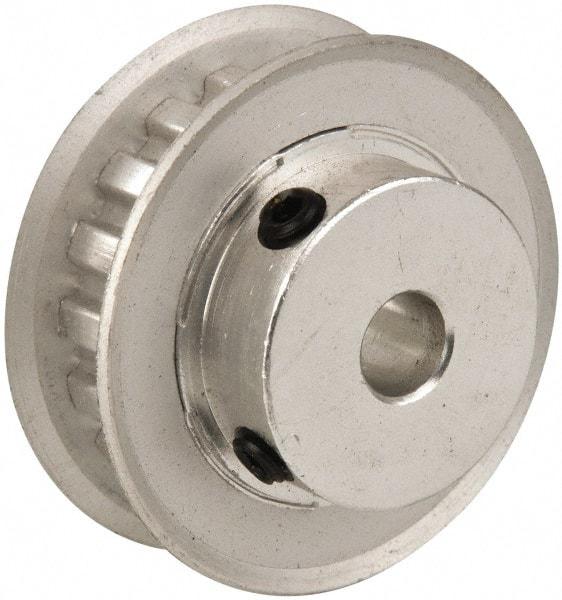 Power Drive - 18 Tooth, 1/4" Inside x 1-1/8" Outside Diam, Hub & Flange Timing Belt Pulley - 1/4" Belt Width, 1.146" Pitch Diam, 0.438" Face Width, Aluminum - Benchmark Tooling