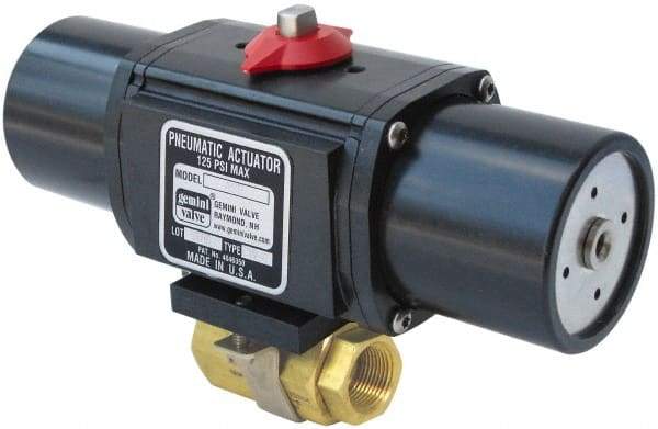 Gemini Valve - 2" Pipe, 720 psi WOG Rating Brass Pneumatic Spring Return with Solenoid Actuated Ball Valve - Reinforced PTFE Seal, Standard Port, Threaded (NPT) End Connection - Benchmark Tooling