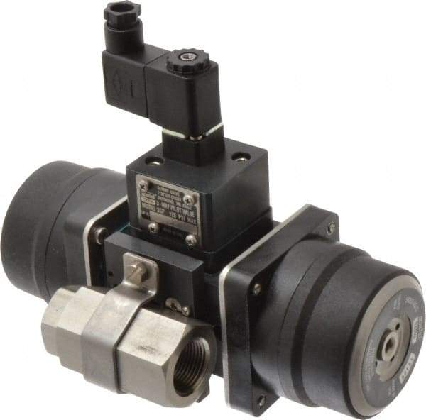 Gemini Valve - 3/4" Pipe, 720 psi WOG Rating Stainless Steel Pneumatic Spring Return with Solenoid Actuated Ball Valve - Reinforced PTFE Seal, Standard Port, Threaded (NPT) End Connection - Benchmark Tooling