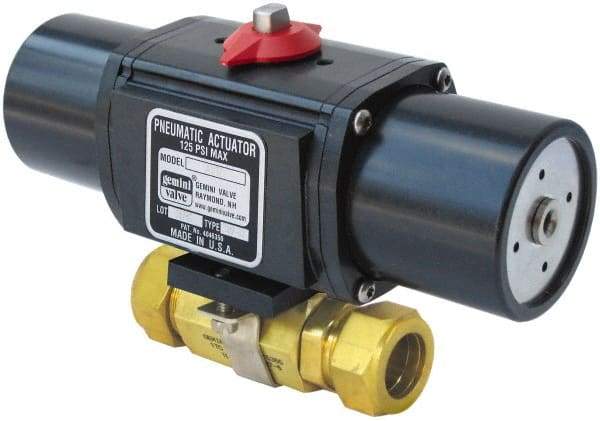 Gemini Valve - 1" Pipe, 1,000 psi WOG Rating Brass Pneumatic Spring Return with Solenoid Actuated Ball Valve - Reinforced PTFE Seal, Standard Port, TYLOK (Compression) End Connection - Benchmark Tooling