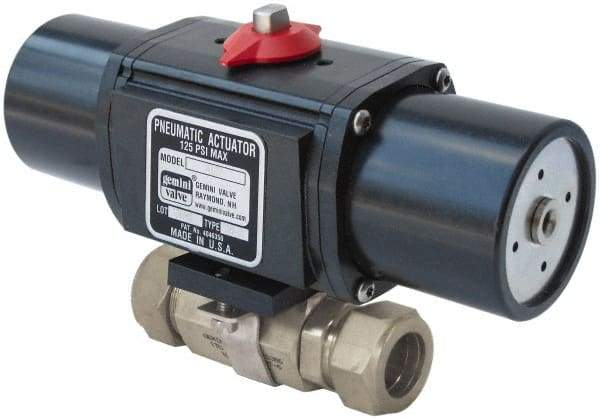 Gemini Valve - 1/2" Pipe, 1,000 psi WOG Rating Stainless Steel Pneumatic Spring Return with Solenoid Actuated Ball Valve - Reinforced PTFE Seal, Standard Port - Benchmark Tooling