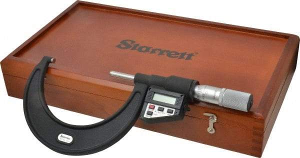 Starrett - 3 to 4" Range, 0.0001" Resolution, Standard Throat, Electronic Outside Micrometer - 0.0002" Accuracy, Friction Thimble, Micro Lapped Carbide Face, CR2450 Battery, Data Output, Includes 3V Battery - Benchmark Tooling