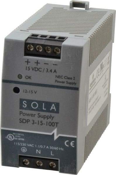 Sola/Hevi-Duty - 100 Watt, 4.2 to 3.4 Amp, 264 VAC, 375 VDC Input, 12 to 15 VDC Output, DIN Rail Power Supply - Screw Terminal Connection, 1 Output, 1.77 Inch Wide x 3.58 Inch Deep x 2.95 Inch High, Up to 86% Efficiency, 14 to 140°F, Green LED Display - Benchmark Tooling