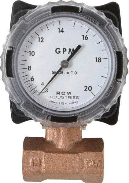 Made in USA - 1" NPT Port RCM Industries Flo-Gage Flowmeter - 180 Max psi, 3 to 20 GPM, Bronze - Benchmark Tooling