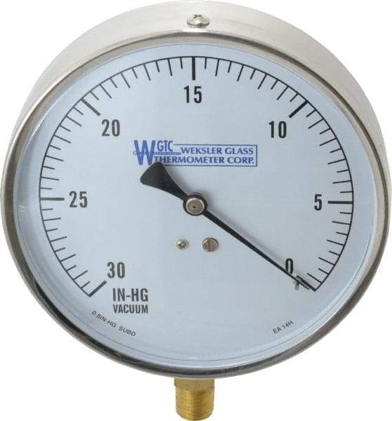 WGTC - 4-1/2" Dial, 1/4 Thread, 30-0 Scale Range, Pressure Gauge - Lower Connection Mount, Accurate to 1% of Scale - Benchmark Tooling