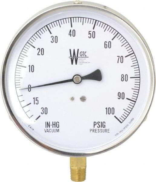 WGTC - 4-1/2" Dial, 1/4 Thread, 30-0-100 Scale Range, Pressure Gauge - Lower Connection Mount, Accurate to 1% of Scale - Benchmark Tooling