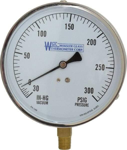 WGTC - 4-1/2" Dial, 1/4 Thread, 30-0-300 Scale Range, Pressure Gauge - Lower Connection Mount, Accurate to 1% of Scale - Benchmark Tooling